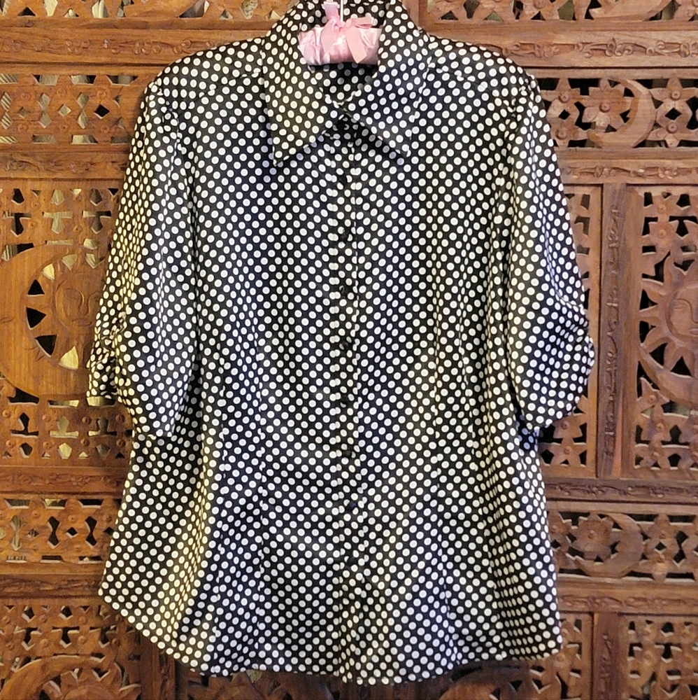 Mixit polkadot button down pintuck short sleeve blouse top